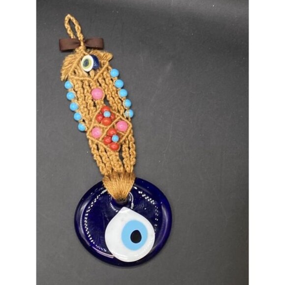 Large Art Glass Evil Eye With Crochet Macrame Hanger & Glass Beads - Picture 3 of 6